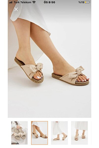 rabellashoes rabella fiyonk detaylı canlı krem renk kumaşlı terlik