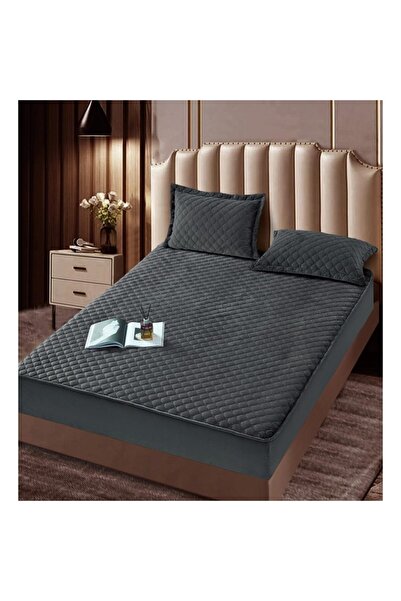 JOJO HOME Duvet cover and 2 pillowcases, velvet, with diamonds, quilted mattress, 160x200cm, dark gray