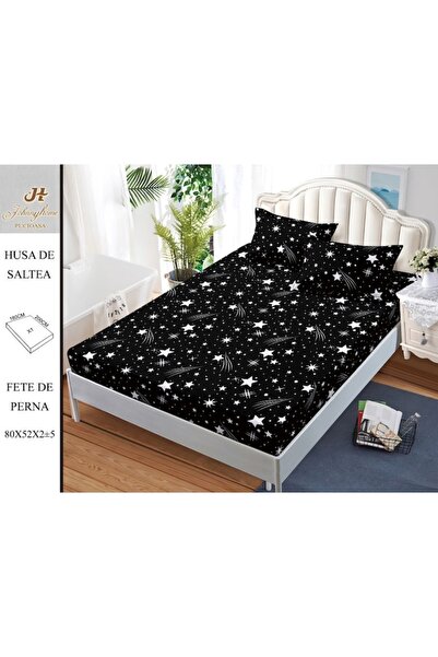 OEM Husa de Pat, cu Elastic, 3 Piese, Bumbac Satinat, 180x200cm, Imprimeu Bicolor Stele, Negru-Alb
