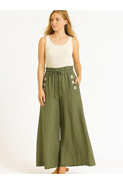 Butik İtalyan Keten Geniş Paça Pantolon - HAKİ