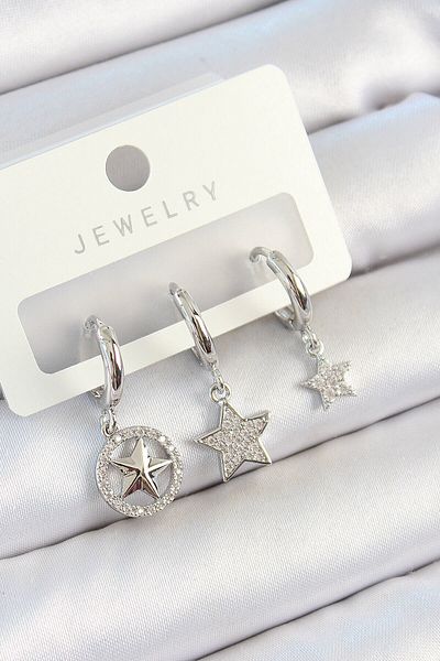 Avantaj Kapıda ®   Brass Zircon Stone Star Model Silver Color 3-Piece Double Women's Earring Set