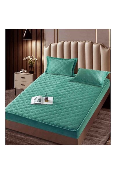 JOJO HOME Husa de pat si 2 fete de perna, Jojo Home, Catifea, Model Romburi, Topper Matlasat, 140x200cm, Verde