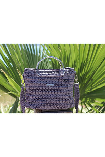 Bejon Gray Metal Handle Knitting Bag - Macrome Thread - Knitting Bag - Inner Lined
