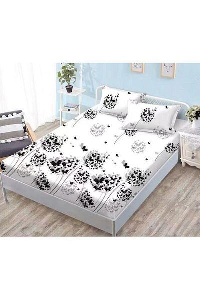 OEM Bed Sheet and Pillowcase Set, Finet, 3 Pieces, Double, Heart Print, 180x200cm, White-Black