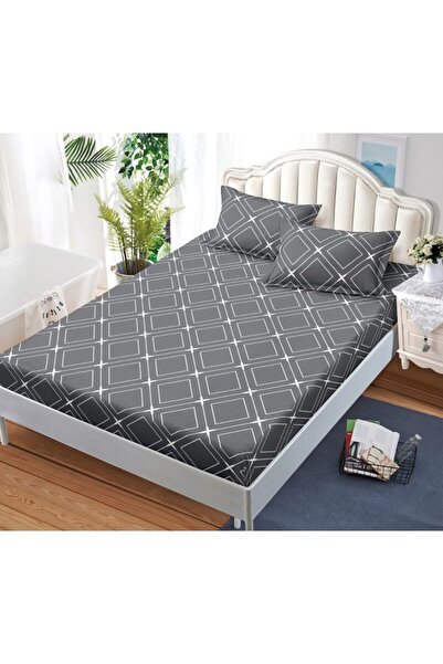 OEM Husa de Pat, cu Elastic, 3 Piese, Bumbac Satinat, 180x200cm, Imprimeu Forme Geometrice, Gri-Alb