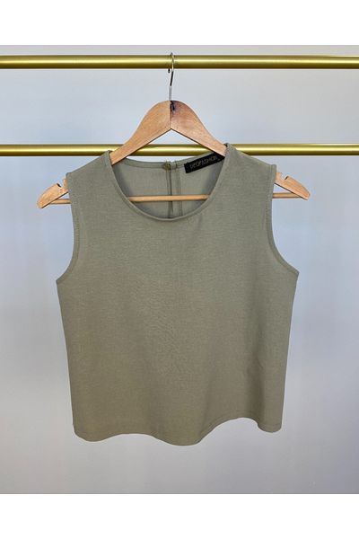 DEQ FASHION Women's Khaki Green Zero Sleeve Blouse Elastic Waist Pants Linen Bottom Top Set