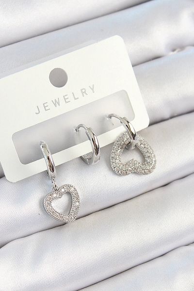 Avantaj Kapıda ®   Brass Zircon Stone Heart Model Silver Color 3-Piece Double Women's Earring Set