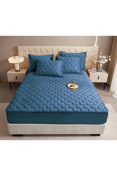 OEM Husa de pat si 2 fete de perna, Catifea, Topper Matlasat, 180x200cm, Bleumarin