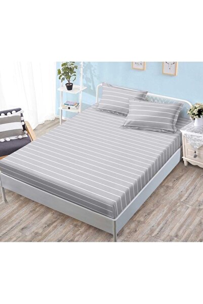 OEM Elastic Bed Sheet Set, 3 Pieces, Satin Cotton, 180x200 cm, Stripes Print, Gray-White