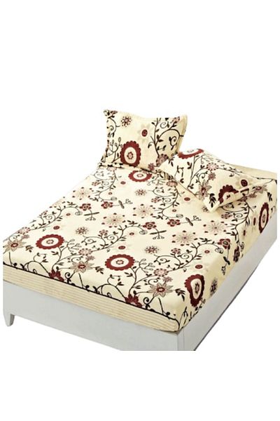 OEM Bed Sheet and 2 Pillowcases, Cocolino, 2 Persons, 3 Pieces, Branch Print, 180x200cm, Beige Shades