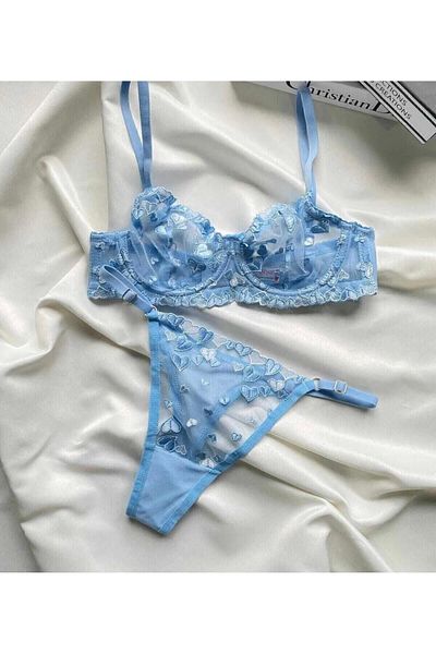 HappyZEY Blue Heart Broderie Bralet Bra & Tanga Lingerie Set