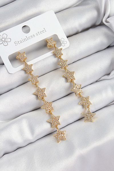 Avantaj Kapıda ®   Brass Zircon Stone Dangle Star Model Gold Color Women's Earrings
