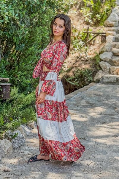 Miss Boheme Red Color Patterned Silk Skirt Blouse Set