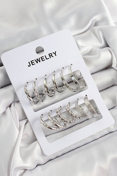 Avantaj Kapıda ®   Brass Mixed Ring Model Silver Color 6 Pairs Women's Earrings Set