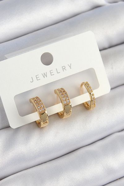 Avantaj Kapıda ®   Brass Zircon Stone Hoop Model Gold Color 3-Piece Double Women's Earring Set