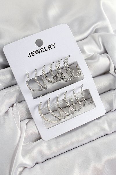 Avantaj Kapıda ®   Brass Mixed Ring Model Silver Color 6 Pairs Women's Earrings Set
