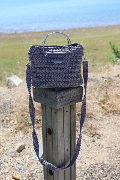 Bejon Gray Metal Handle Knitting Bag - Macrome Thread - Knitting Bag - Inner Lined