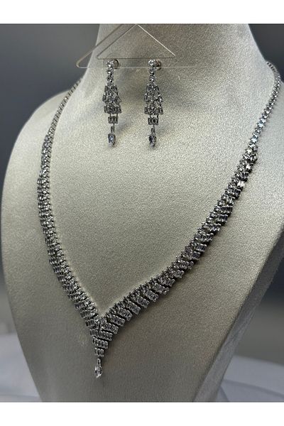 HADRA ACCESSORİES High Quality Waterway Gradual Zircon Evening Dress Necklace Earring Set Bridal Jewelry Set Engagement Set Wedding Set