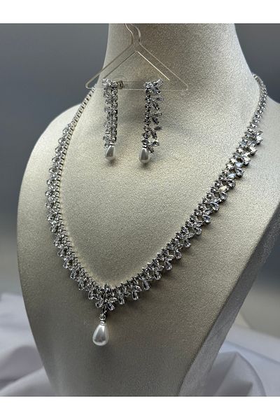 HADRA ACCESSORİES High Quality Zircon Stone Pearl Wing Model Evening Dress Necklace Earring Set Bridal Jewelry Set Wedding Set
