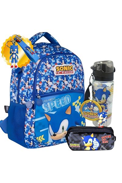 Sonic Licensed School Bag, 2 Compartment Pen Holder Pencil Bag - Keychain and Water Bottle Gift