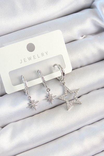 Avantaj Kapıda ®   Brass Zircon Stone Star Model Silver Color 3-Piece Double Women's Earring Set