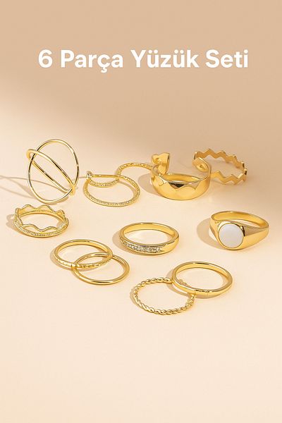 Store Trend 6 Piece Gold Color Steel Ring Set – Stylish and Modern Design