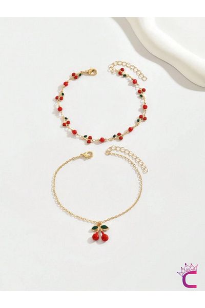 Cinderella Cherry Green Leaf 2-Piece Combination Chain Anklet - Gift Foot Jewelry Bracelet Sea Beach Jewelry