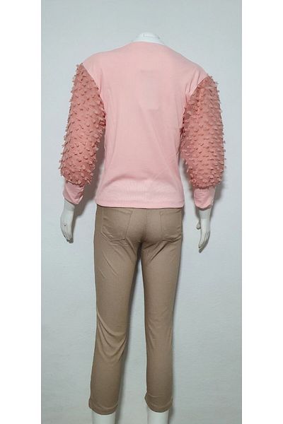 asiltr Girl's Palon Sleeve Tulle Ribbed Badi and Straight Pants 2 Piece Set