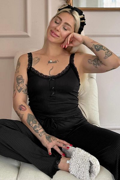 Pijamaevi Black Sogno Knitted Lace Strap Women's Pajama Set