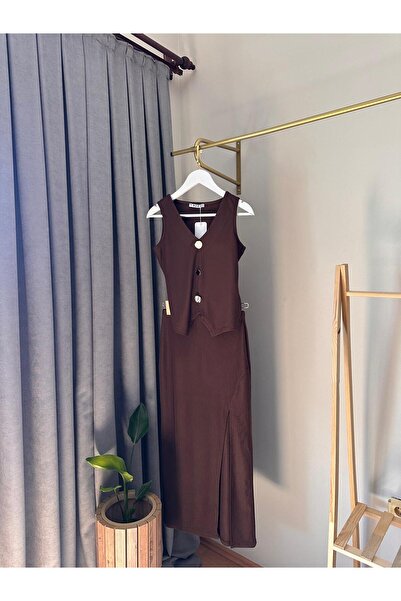 Store Kahverengi Kolsuz Alt Üst Takım