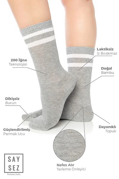 SAYSEZ Bamboo Unisex Tennis College Striped Premium Gray Melange Color Seamless Socks 3 Pack