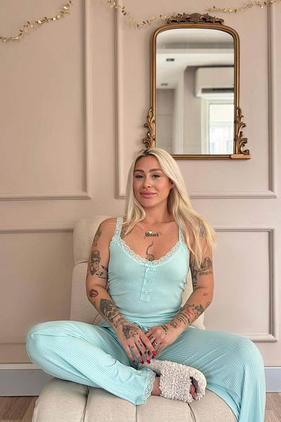 Pijamaevi Mint Sogno Knitted Lace Strap Women's Pajama Set