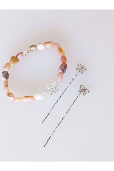 LUNA LUSTER 925 Ayar Gümüş Zincir Kelebek Küpe Pembe Ay Taşı Doğal Taş Kadın ...