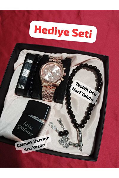 Brality Özel Kutulu Hediyelik Çakmaklı Erkek Kombin Saat Seti ( 5 Parça'lı Ak...