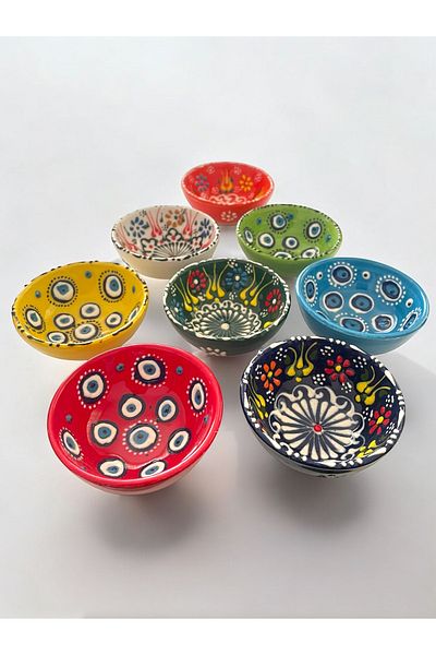 Artistic Quality Decorative Tulip Evil Eye Bead Embroidered Tile Ceramic Sauce Bowl - Snack Bowl - Breakfast Bowl 8 Pieces