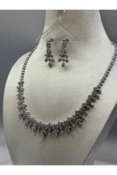 HADRA ACCESSORİES High Quality Zircon Leaf Model Evening Dress Necklace Earring Set Bridal Jewelry Set Engagement Set Wedding Set