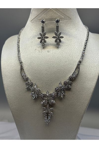 HADRA ACCESSORİES High Quality Flower Model Zircon Evening Dress Necklace Earring Set Bridal Jewelry Set Engagement Set Wedding Set