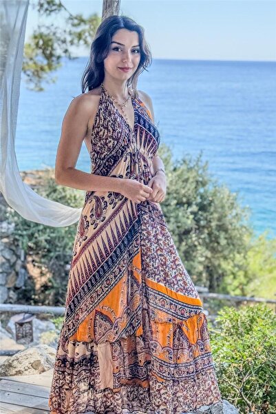 Miss Boheme Beige Color Halter Neck Backless Dress