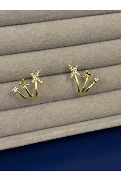 Idarosa Concept Minimal Tarzda, 925 Ayar Gümüş Çivili, Altın Kaplama Zirkon Taşlı Üç Halkalı Kelebe Küpe KARARMAZ