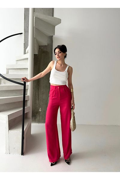 POP STORY High Waist Draped Linen Textured Women's Trousers