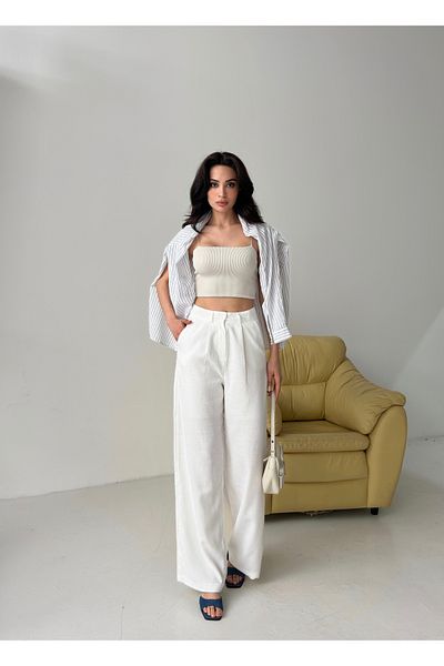 POP STORY High Waist Draped Linen Textured Women's Trousers