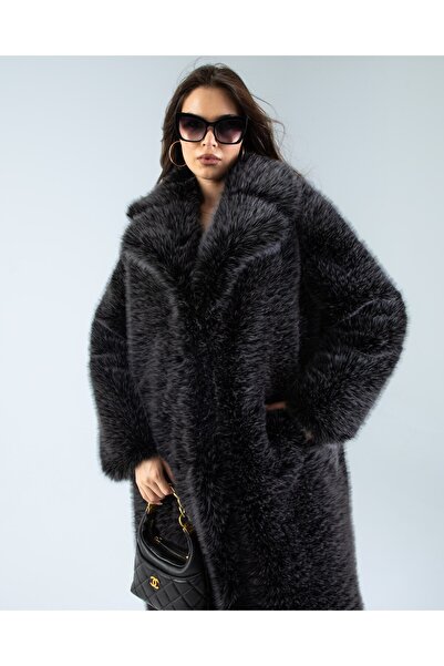 Butic Kadın Modern Siyah Suni Kürk Kaban