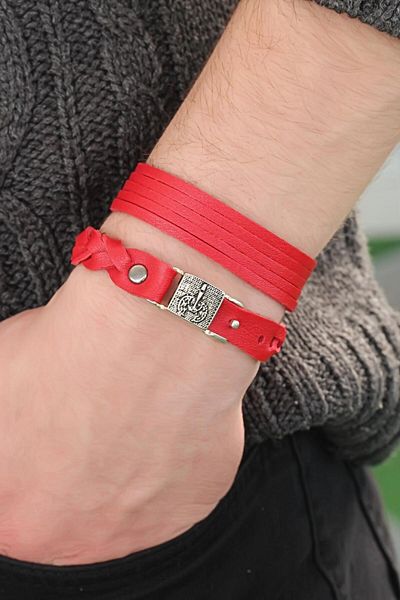 SeyCey.co Red Color Leather Men's Bracelet Combination with Metal Accessories