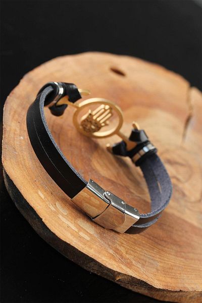 SeyCey.co Gold Color Metal Fatma Mother Hand Design Black Color Leather Men's Bracelet
