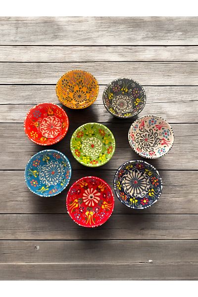 Artistic Quality Decorative Tulip Pattern Embroidered Tile Ceramic Sauce Bowl - Snack Bowl - Breakfast Bowl 8 Pieces