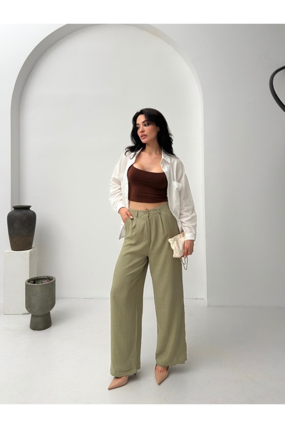 POP STORY Yüksek Bel Dökümlü Keten Dokulu Kadın Pantolon