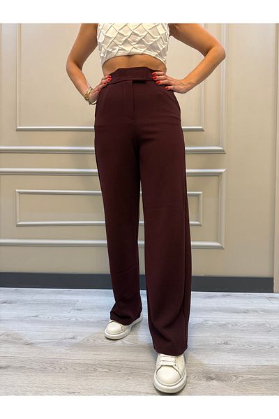 geenz manifacture Denisa Brown Παντελόνι με ρυθμιζόμενο μέση με φαρδύ πόδι Palazzo με ψηλόμεσο Lycra