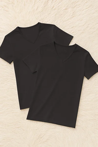 Loule Men's 100% Cotton V-Neck Short Sleeve 2 Pieces Black T-Shirt Ll.Il10.Ke12.001