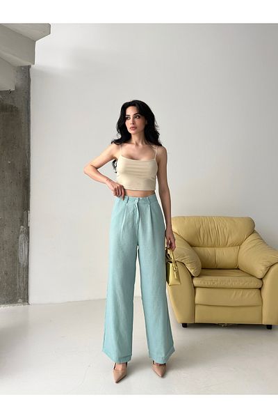POP STORY High Waist Draped Linen Textured Women's Trousers