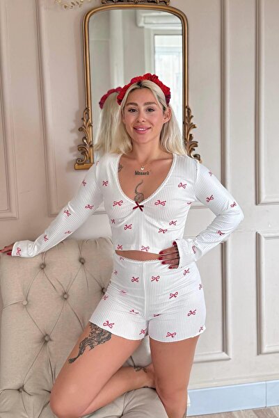 Pijamaevi Beyaz Fiocco Pigiama Desenli Dantelli Örme Uzun Kol Şortlu Kadın Pijama Takımı
